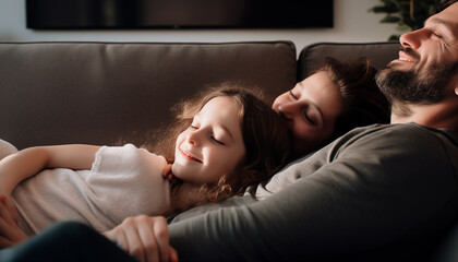 Paz y tranquilidad con papá.
fotografía de primer plano de papá con sus hijas pequeñas descansando en el sofá del salón
 - obrazy, fototapety, plakaty