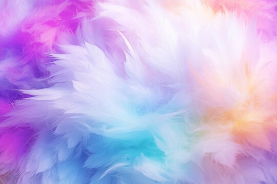  a multicolored background with white, pink, blue, and yellow feathers in the center of the image.