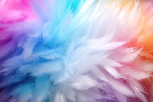  a multicolored background of feathers with a blurry image of the colors of the rainbow in the background.