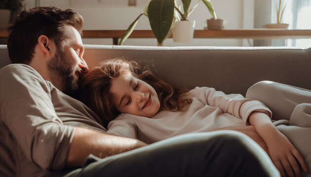 Paz y tranquilidad con pap&aacute;.
fotograf&iacute;a de primer plano de pap&aacute; con sus hijas peque&ntilde;as descansando en el sof&aacute; del sal&oacute;n
