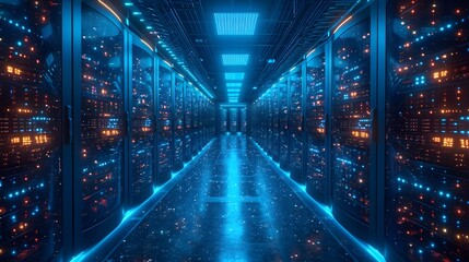large server room in a data center with light. abstract background with glowing lights - obrazy, fototapety, plakaty