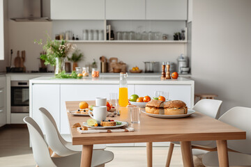 a fitness breakfast spread on a clean, minimalist kitchen countertop. healthy ingredients.