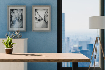frontal view on empty clean wooden desk workplace; minimalist office background with panoramic view on big city skyline; digital home office concept; 3D rendering