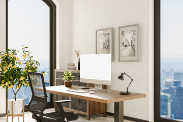 view from angle on modern clean pc workplace; white monitor with copy space; minimalist office background with panoramic view on big city skyline; digital home office concept; 3D rendering