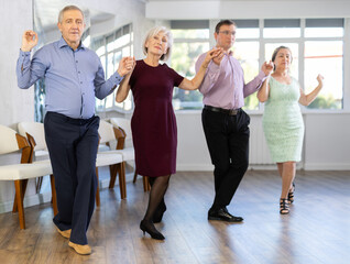 Fototapeta premium In dance studio students group of different ages performs Irish folk dance round dance. Modern hobby for active people.