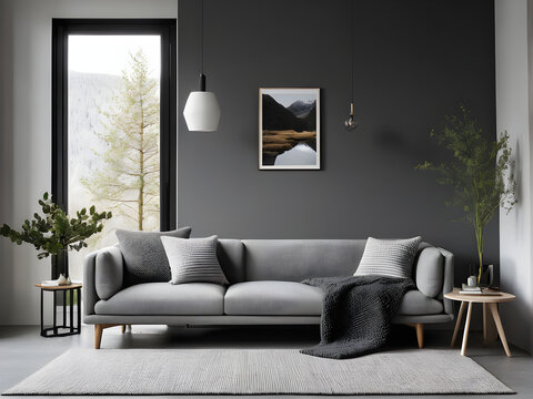 Aesthetic room design with olive sofa and dark color wall with paintings on it. a modern house interior design.