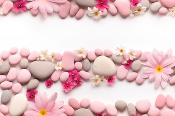  a group of pink and white rocks and flowers on a white background with a border of pink and white rocks and flowers on a white background.