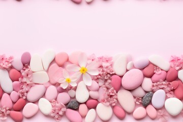  a pink and white background with pink and white rocks and a flower on top of one of the rocks is pink and white and has a yellow center flower in the middle.