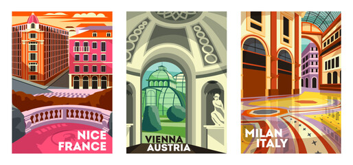 Fototapeta premium Travel Destination Posters set. Architectural landmarks of Milan, Nice and Vienna. Tourism, journey and vacation in European city. Cartoon flat vector illustrations isolated on white background