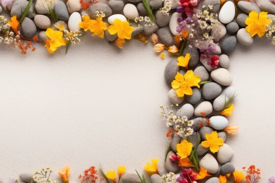  a picture frame made out of rocks and flowers on a white background with a place for the text in the middle.