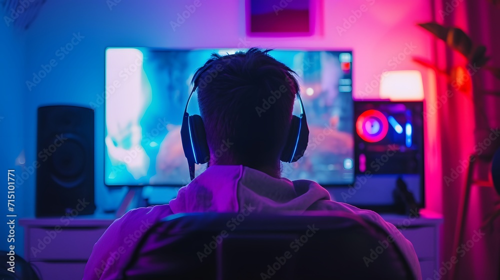 Wall mural male gamer in a room computer screen. person playing games on monitor pc