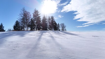 Fototapeta na wymiar Krajobraz zimowy, śnieg na stoku górskim, drzewa, zdjęcie zrobione pod słońcem.