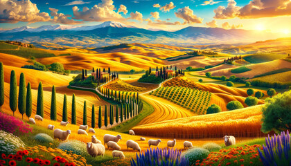 Idyllic Sunset View of a Colorful Tuscan Landscape with Rolling Hills and Sheep Grazing