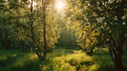  the sun shines through the trees in a grassy area with a pond in the middle of the grass and trees on either side of the path.