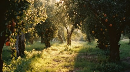  the sun shines through the trees on a path through an orchard of oranges in the early morning hours.