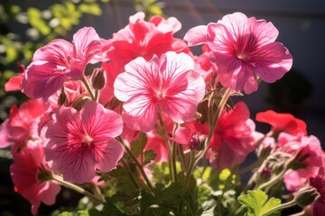  a bunch of pink flowers that are blooming in a vase on a window sill in front of a house.