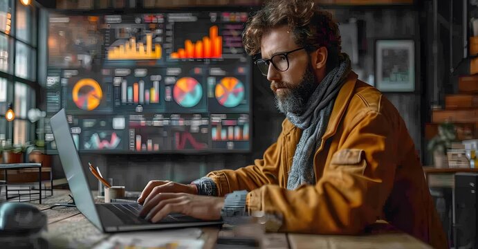 Man Is Using A Laptop In Front Of A Large Screen. Man Working On Laptop Computer