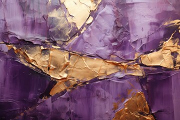  a close up of a painting of a banana on a purple and gold piece of paper with gold foil on it.