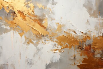  a close up of an abstract painting with gold and silver paint on a white and gray wall with peeling paint on it.
