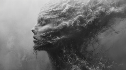 Impersonation of anxiety. Smoke and fog in the head. Concept image of anxiety, loneliness, fear and negative emotion. - obrazy, fototapety, plakaty