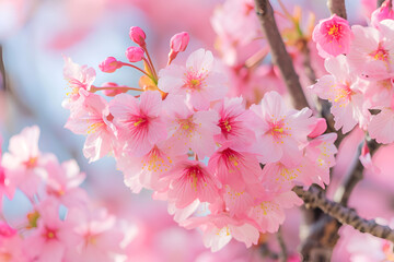 Blurred spring background with cherry blossoms in delicate pink hues. Soft cherry bloom against blue sky, defocused spring flowers. Pastel pink cherry flowers, springtime banner