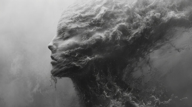Impersonation of anxiety. Smoke and fog in the head. Concept image of anxiety, loneliness, fear and negative emotion.