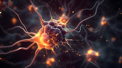 Neurological brain cell cluster, firing neurons on dark background, nervous system 