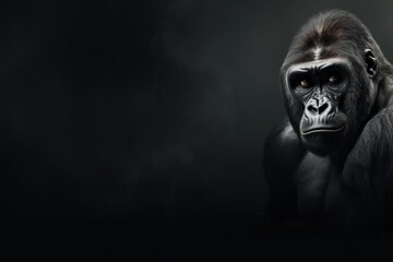  a gorilla standing in the dark with its head turned to the side and looking at the camera with a serious look on his face. - obrazy, fototapety, plakaty