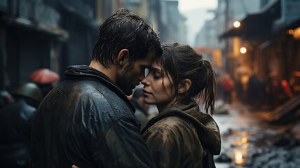 A man hugs a woman against the backdrop of a destroyed city. Generated by artificial intelligence