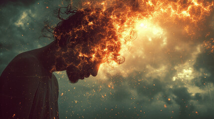 Impersonation of anxiety. Smoke and fire in the head. Concept image of anxiety, loneliness, fear and negative emotion.