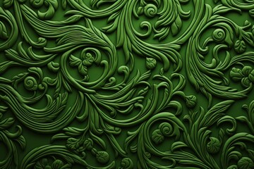  a close up view of a green wallpaper with swirls and leaves on the bottom of the green wall.