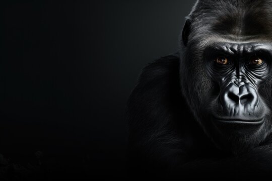  a close up of a gorilla's face with an intense look on it's face and a black background.