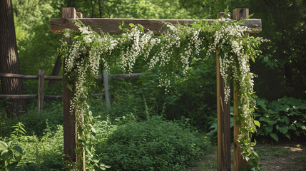 A rustic wedding arch adorned with cascading lily of the valley, creating a fairytale-like setting for a romantic celebration. The natural beauty of the blooms enhances the atmosph
