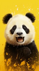 Obraz premium Close-up of a painted panda. The emotion of surprise. Isolated on yellow background. Generative AI