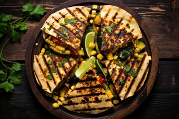  a plate of grilled corn, corn, and avocado quesadilla on a wooden plate.