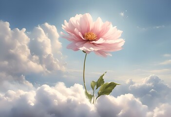 AI generated illustration of a pink flower in a field surrounded by clouds