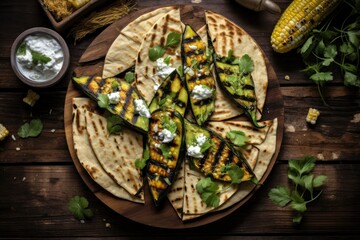  a plate of grilled corn on the cob with a small bowl of sour cream and a container of corn on the cob on the cob. - obrazy, fototapety, plakaty