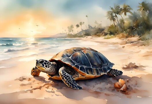 AI generated illustration of a turtle resting on a sandy beach, with the ocean in the background
