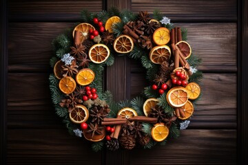 Fototapeta na wymiar a wreath made of oranges, cinnamons, pine cones, cinnamon sticks, cinnamons, and spices.