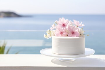  a white cake with pink and white flowers on top of a white plate on a balcony overlooking a body of water.