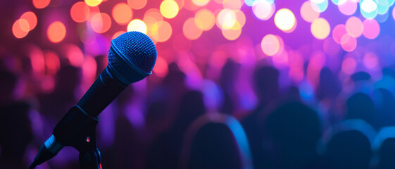 Obraz premium Microphone awaits the next performer against a backdrop of a vibrant concert crowd
