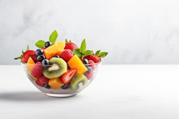  a bowl of fresh fruit with mint leaves and kiwis on the top of the fruit in the bowl.