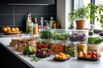  a variety of fruits and vegetables in containers on a counter in a kitchen with a potted plant in the background.