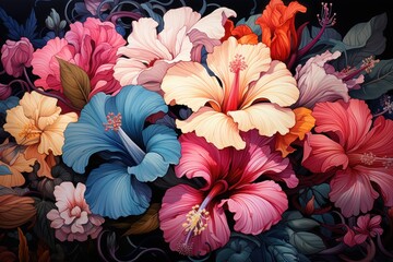  a painting of a bunch of flowers painted on a black background with red, pink, blue, and yellow colors.