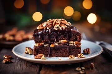  a piece of cake sitting on top of a white plate covered in nuts and drizzled with chocolate.