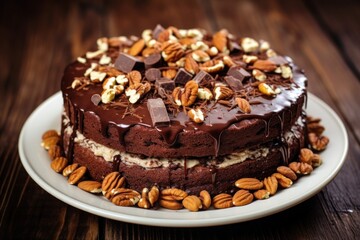  a chocolate cake with nuts and chocolate frosting on a white plate on a wooden table with a wooden surface.
