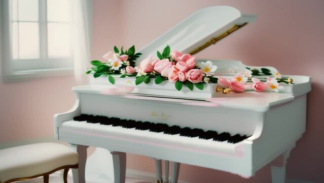 White grand piano with delicate roses, romantic gift for Valentine's Day