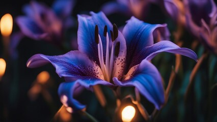close up of a flower A blue and purple lily on fire that changes color 