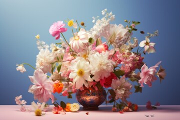  a vase filled with lots of flowers sitting on top of a pink counter top next to a blue sky background.
