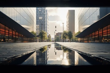  a reflection of a building in a pool of water in the middle of a street with buildings in the background.